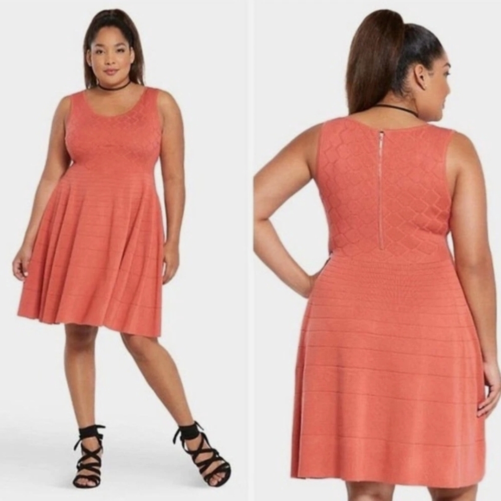 NWT Torrid Textured Stretch Fit & Flare Dress Size 0 (US Large) Coral Orange